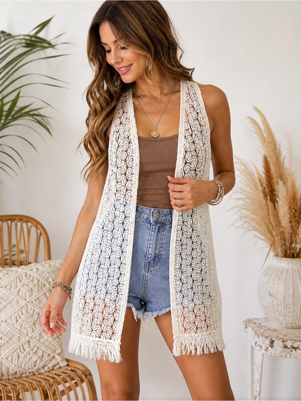 Wallflower Ivory Lace Duster Vest Small Boho Fringe Open Front Sheer Cardigan